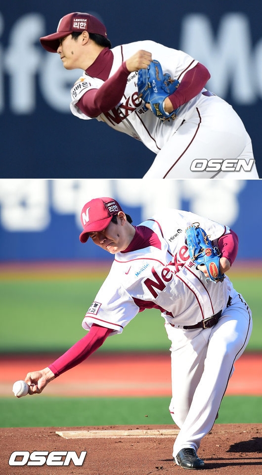 넥센 김대우의 올 시즌 투구 모습(위)과 지난해 투구 모습. /사진=OSEN