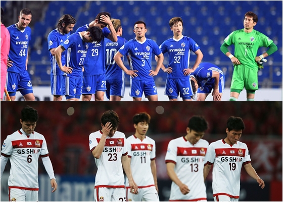 16강 진출에 실패한 울산 현대(위)와 FC서울(아래) 선수단. /사진=OSEN, 한국프로축구연맹 제공