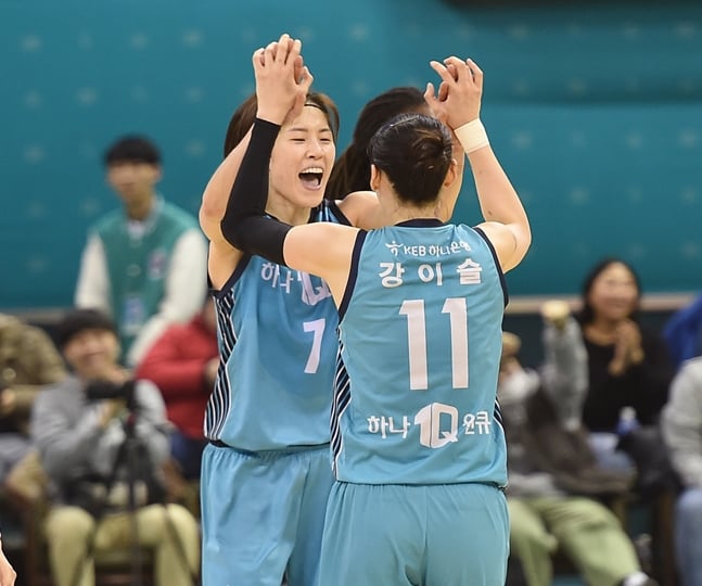 8일 BNK전서 역전에 성공하자 고아라(왼쪽)와 강이슬이 기뻐하고 있다. /사진=WKBL 제공