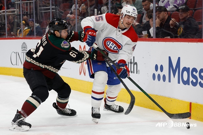 NHL 몬트리올의 로랑 도팽(오른쪽)과 애리조나의 다이신 마요가 지난 18일(한국시간) 경기에서 경합하고 있다. /AFPBBNews=뉴스1