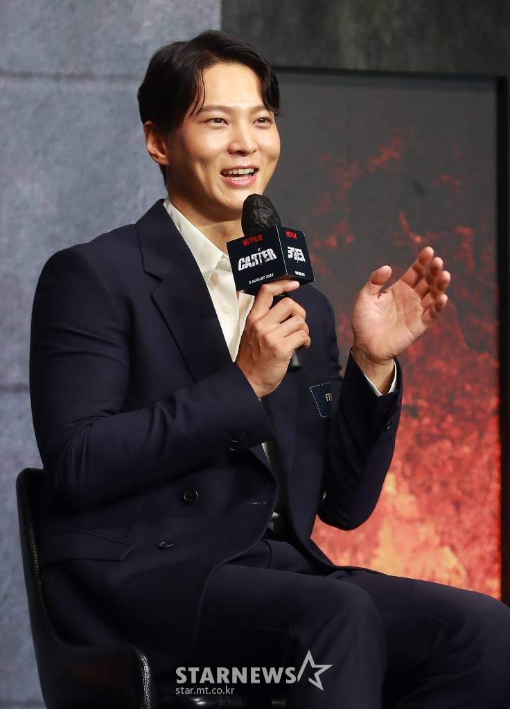 배우 주원이 2일 오전 서울 동대문 JW메리어트 호텔에서 진행된 넷플리스 영화 '카터'(감독 정병길) 제작보고회에 참석해 질문에 답하고 있다. 의문의 작전에 투입된 '카터'가 주어진 시간 안에 자신을 되찾고 미션을 성공시켜야만 하는 리얼 타임 액션물 '카터'는 오는 5일 공개된다. /2022.08.02 /사진=이동훈 기자 photoguy@