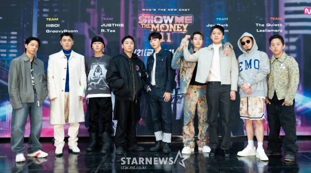 21일 오후 온라인 생중계로 진행된 엠넷 예능 '쇼미더머니 시즌11' 제작발표회에서 출연진이 포즈를 취하고 있다. /사진제공=엠넷 2022.10.21 /사진=이동훈 기자 photoguy@