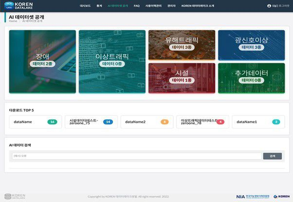 KOREN의 데이터레이크 포털 사이트에서 운영 데이터를 확인 및 다운로드 할 수 있는 AI데이터샛 화면