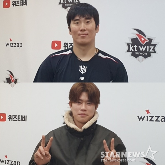 KT 허경민(위쪽)과 원상현이 6일 수원KT위즈파크에서 인터뷰 후 포즈를 취하고 있다. /사진=김동윤 기자
