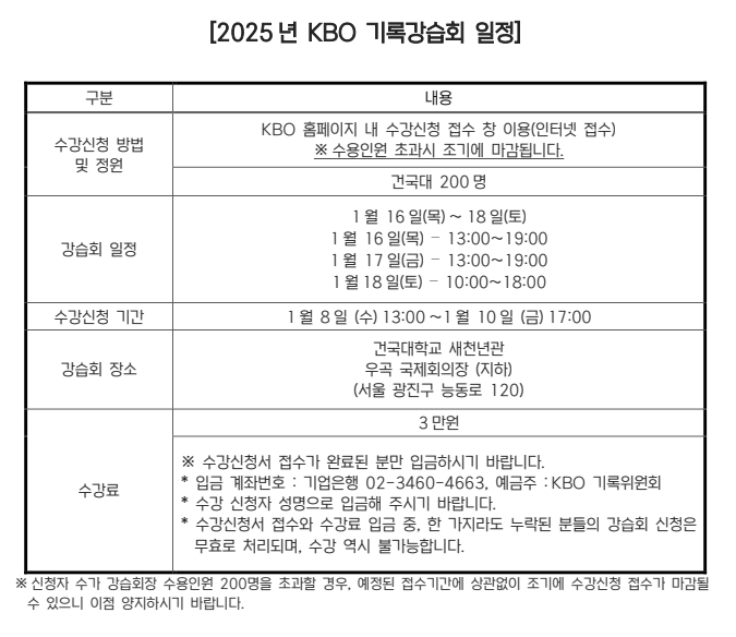 2025년 KBO 기록강습회 일정. /사진=KBO 제공