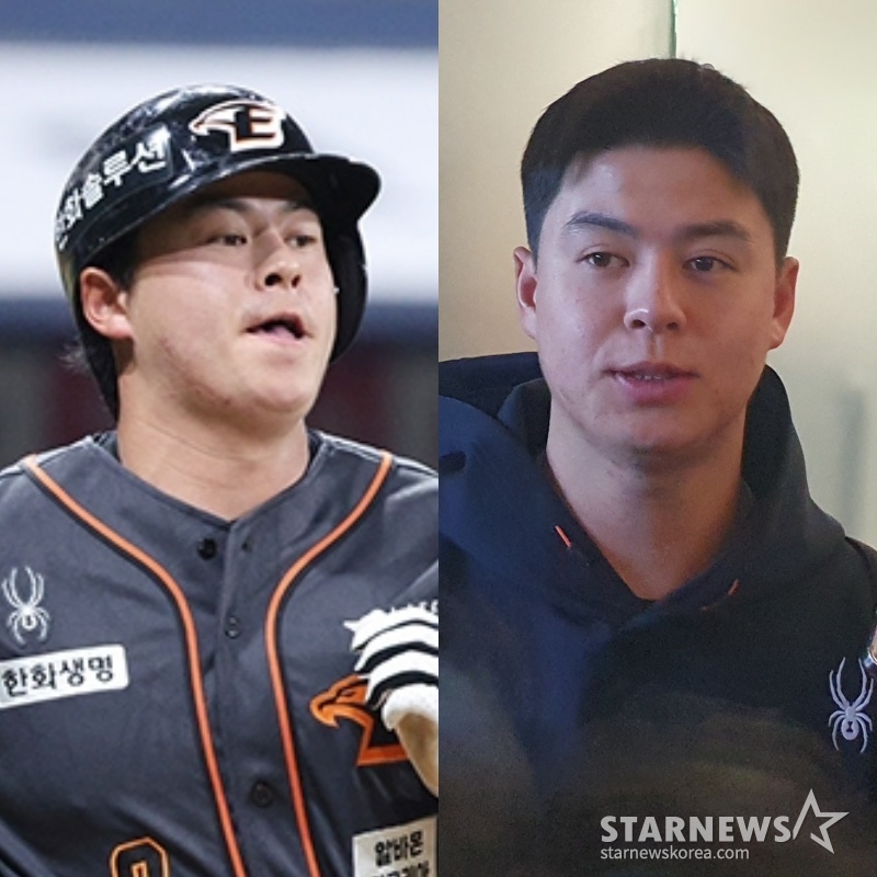 노시환(오른쪽)이 22일 인천국제공항에서 2025 한화 스프링캠프 출국을 앞두고 취재진과 인터뷰하고 있다. 왼쪽은 2024시즌 중 노시환. /사진=김진경 대기자, 김동윤 기자