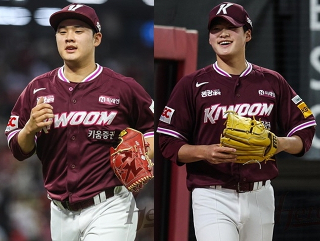 26일과 27일 연달아 선발 등판해 팀에 승리를 안긴 키움 신인 투수 정현우(왼쪽)와 윤현. /사진=키움 히어로즈 제공
