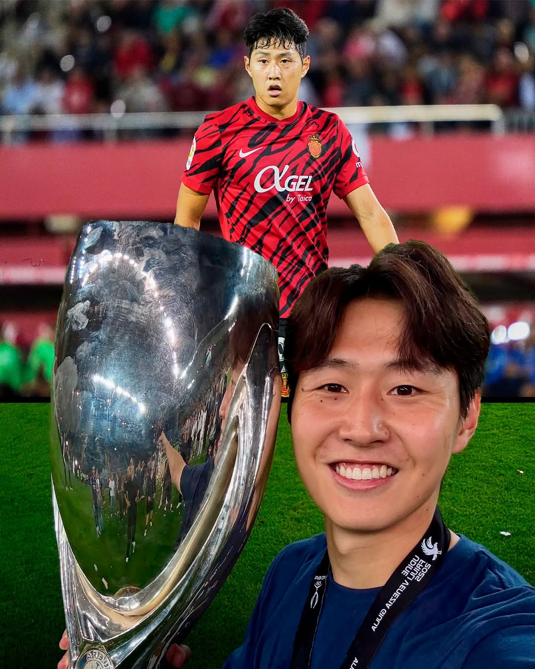마요르카 시절 이강인의 모습(위)과 유럽축구연맹(UEFA) 슈퍼컵 우승 트로피를 들고 활짝 웃고 있는 파리 생제르맹(PSG) 이강인의 모습. /사진=마요르카 SNS 캡처