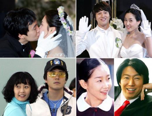 ↑오랜 열애 끝에 결혼에 이르러 화제를 모으고 있는 박해일-서유선 부부, 차태현-최석은 부부, 김수로-이경화 커플, 감우성-강민아 부부(왼쪽 위부터 시계방향으로)