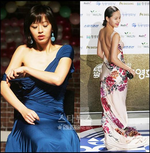 ↑"휴~~큰일 날뻔했네" 강성연이 흘러내린 어깨끈을 올리고 있다