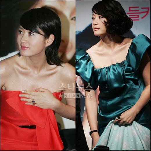 ↑영화 ‘바람피기 좋은 날’ 시사회에서 조심스럽게 손으로 가슴을 가리며 일어나는 김혜수(왼쪽)와 제작보고회에서 짧은 치마를 담요로 가리며 일어나는 김혜수(오른쪽)