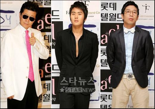 ↑송호범결혼식의 주례를 맡은 태진아, 축가를 맡은 이루, 사회를 맡은 MC몽. (왼쪽부터)