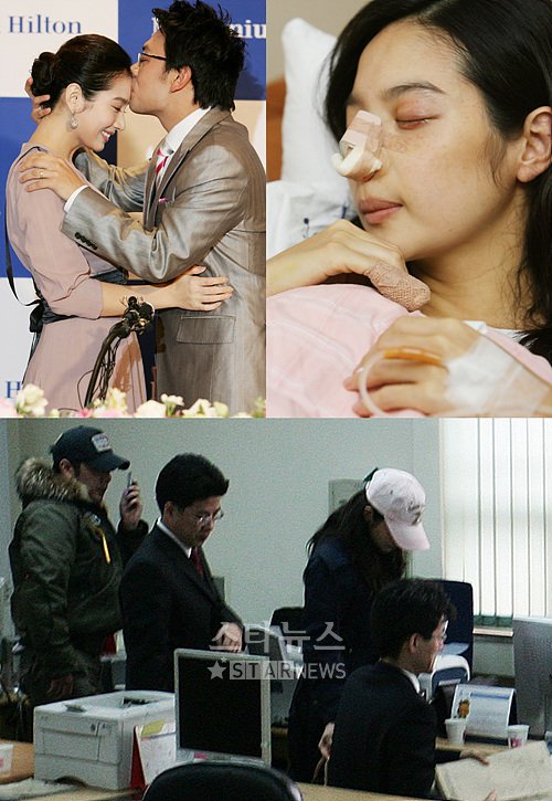 ↑결혼 후 10여일만에 폭행혐의로 파혼을 맞은 이민영과 이찬이 2월25일 서울 동작경찰서에서 대질심문을 받는 모습