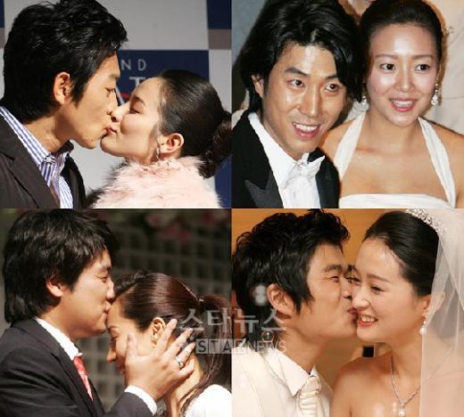 ↑사진 왼쪽위부터 시계방향으로 2007년 스타커플로 화제가 되었던 축구스타 김남일과 아나운서 김보민(12월 8일 결혼), 탤런트 윤태영과 배우 임유진(2월 14일 결혼), 개그맨 김민수와 레이싱모델 오민혁(10월 6일 결혼), 탤런트 안재환과 개그우먼 정선희(11월 17일).