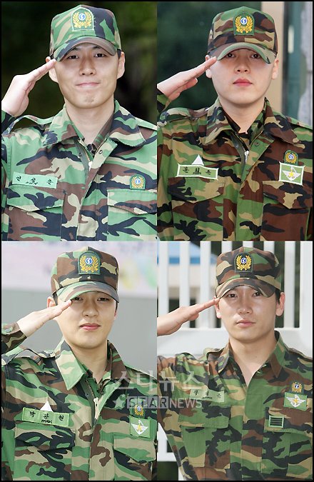 ↑2007년 전역을 신고한 자랑스런 대한의 건아들, 왼쪽 위부터 시계방향으로 연정훈, 문희준, 지성, 박광현