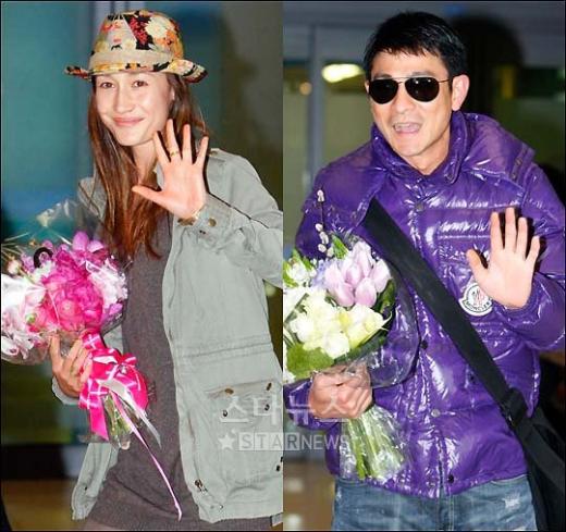 ↑22일 오후 내한한 배우 매기큐와 유덕화 ⓒ인천국제공항=임성균 기자 tjdrbs23@