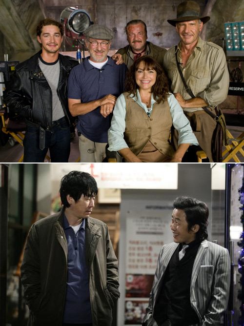 사진 위 '인디아나 존스:크리스탈 해골의 왕국' 출연진과 스티븐 스필버그, 사진 아래 영화 '강철중'의 한 장면.
