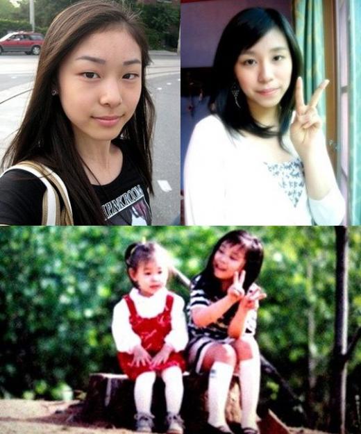 김연아 선수(왼쪽)와 친언니 김애라씨. 자매의 어린시절 모습(아래) 사진=김연아,김애라 미니홈피