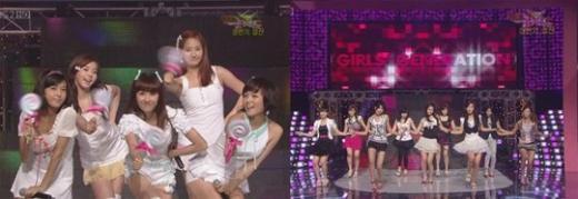 '키싱유'를 부르는 원더걸스와 '텔미'를 부르는 소녀시대 <사진출처=방송캡쳐화면>