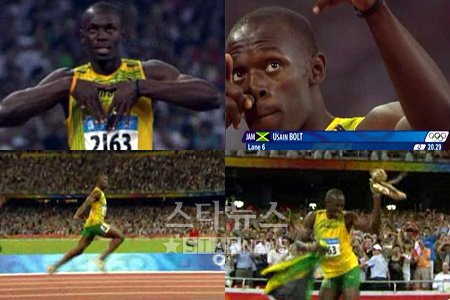 ↑베이징올림픽 남자육상 100m 결승에서 독특한 행동을 보여 화제가 된 우사인 볼트