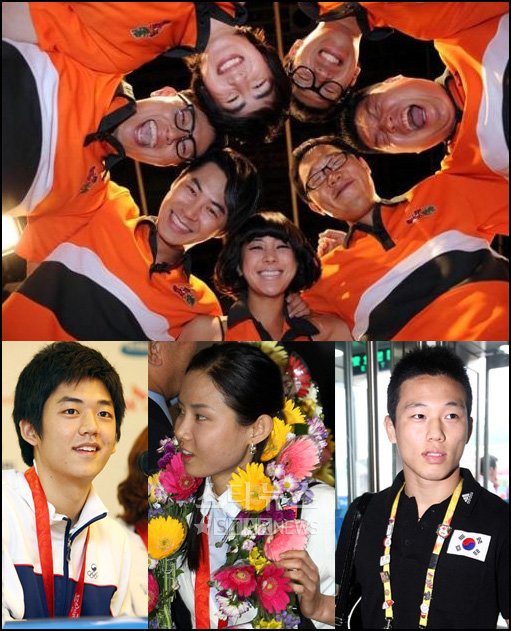 SBS '야심만만 예능선수촌'의 MC 7인방(위)과 이용대 남현희 왕기춘 선수(사진 아래 왼쪽부터)