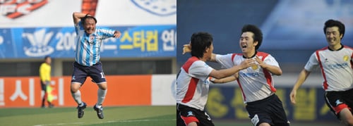 골 세리머니 중인 가수 김흥국과 골을 넣고 기뻐하는 개그맨 이상호 <사진제공=피스컵조직위원회>