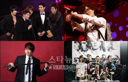 11월30일 SBS '인기가요'에 출연한 동방신기, 서태지, 빅뱅, 비(왼쪽 위부터 시계방향)