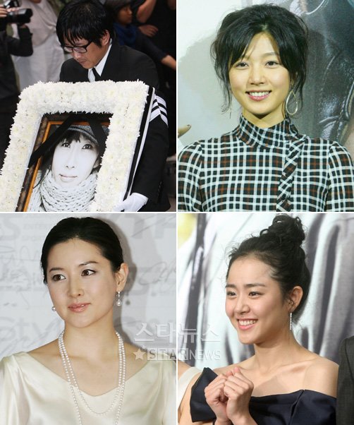 사진 위부터 시계바향으로 고 최진실의 영정을 들고 가는 동생 최진영, 장진영, 문근영, 이영애 ⓒ머니투데이 스타뉴스