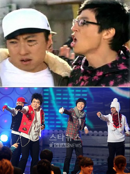 사진 위 '무한도전'의 박명수와 유재석, 사진 아래 빅뱅으로 분한 윤종신 김구라 신정환 김국진
