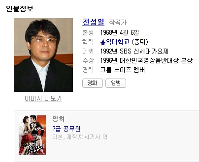 ↑인터넷 포털에 나와있는 가수 천성일의 프로필-영화 '7급 공무원' 각본가로 나와있다.