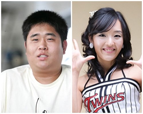 오는 11월21일 결혼식을 올리는 개그맨 문세윤(왼쪽)과 LG트윈스치어리더 김하나(사진출처=LG트윈스치어리더 홈페이지)