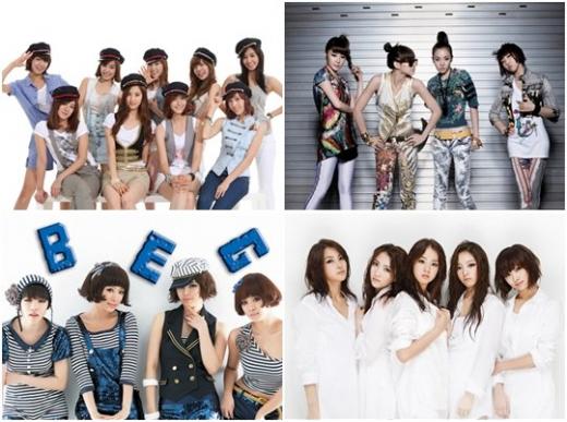 소녀시대, 2NE1, 카라, 브라운아이드걸스(왼쪽 위부터 시계방향)