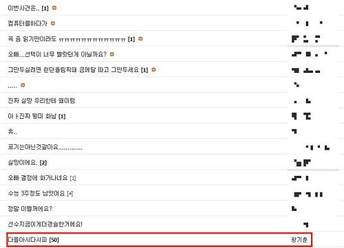 ↑은퇴의사를 밝힌 왕기춘(21·용인대)의 글(붉은 상자)에 그를 말리는 팬들의 글이 이어졌다.