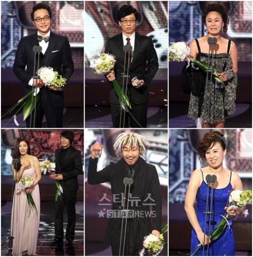 MBC 방송연예대상 영예의 수상자들 사진 왼쪽 위부터 시계방향으로 정보석, 유재석, 이경실, 박미선, 노홍철, 신세경과 윤시윤 ⓒ홍봉진 기자@