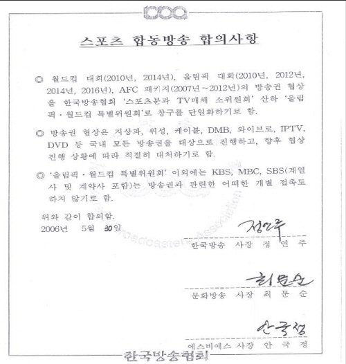 KBS는 "과당한 경쟁에 따른 시청권 피해를 방지하기 위한 국민과의 약속이었으나 SBS가 합의를 파기하고 올림픽 월드컵 방송권을 독점 획득했다"며 '스포츠 합동방송 합의사항'을 공개했다.