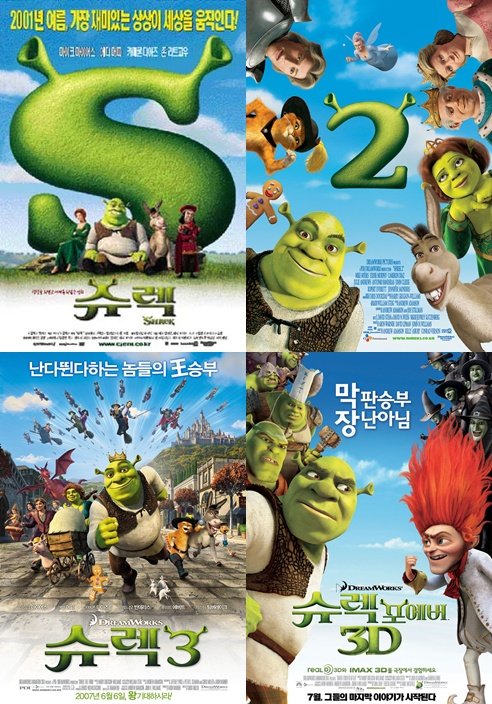 ⓒ영화 '슈렉', '슈렉2', '슈렉3', '슈렉 포에버'의 포스터