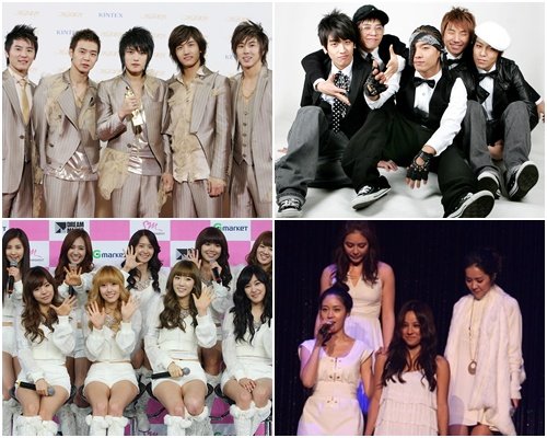 왼쪽 위부터 시계방향으로 동방신기, 빅뱅, 핑클, 소녀시대