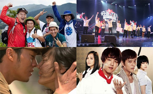KBS 2TV '해피선데이-1박2일', 엠넷 '슈퍼스타K2', KBS 2TV '제빵왕 김탁구', MBC '로드넘버원' (왼쪽 위부터 시계방향)