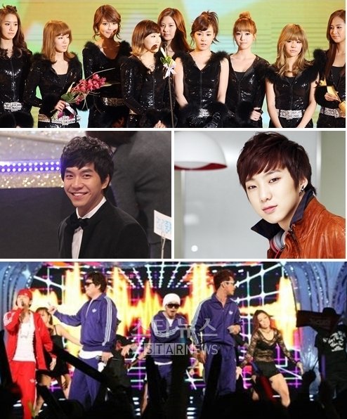 위부터 소녀시대 이승기 강승윤 DJ DOC