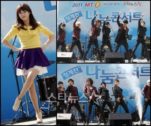 아이유(왼쪽)와 틴탑 ⓒ사진=유동일 기자