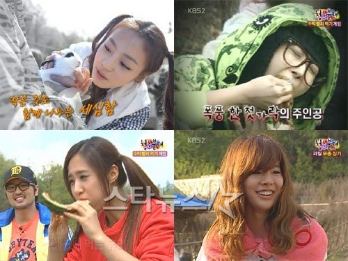 '청춘불패' 시즌1 당시의 모습. 카라의 구하라, 브라운아이드걸스의 나르샤, 소녀시대 써니, 유리(왼쪽 위부터 시계방향)