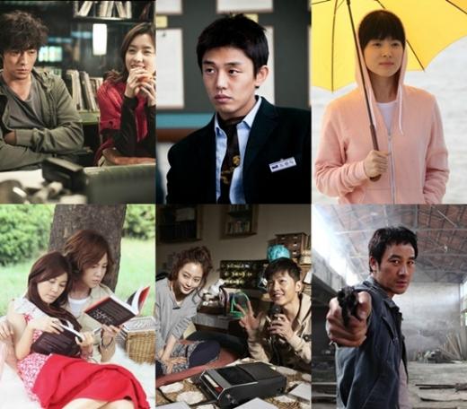왼쪽 상단부터 시계방향으로 '오직 그대만' 소지섭과 한효주, '완득이'의 유아인, '오늘'의 송혜교, '특수본'의 엄태웅, '티끌 모아 로맨스'의 송중기 한예슬, '너는 펫'의 김하늘 장근석.