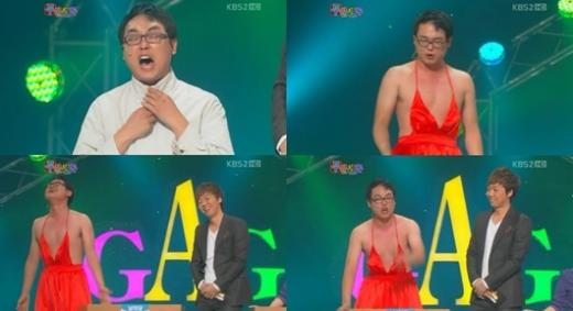 '두분토론'에서 배우 오인혜의 드레스를 패러디한 박영진 ⓒ사진=KBS 2TV '개그콘서트' 방송화면