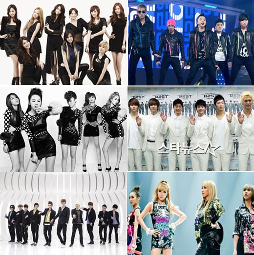 소녀시대 빅뱅 비스트 2NE1 슈퍼주니어 원더걸스 (사진위 왼쪽부터 시계방향)