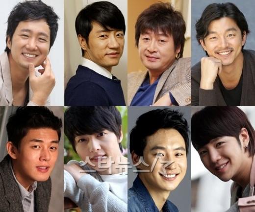 왼쪽 상단부터 시계방향으로 박해일 김명민 김윤석 공유 장근석 이제훈 송중기 유아인.