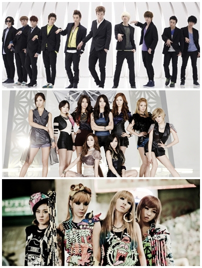 슈퍼주니어, 소녀시대, 2NE1 (위부터 아래로)