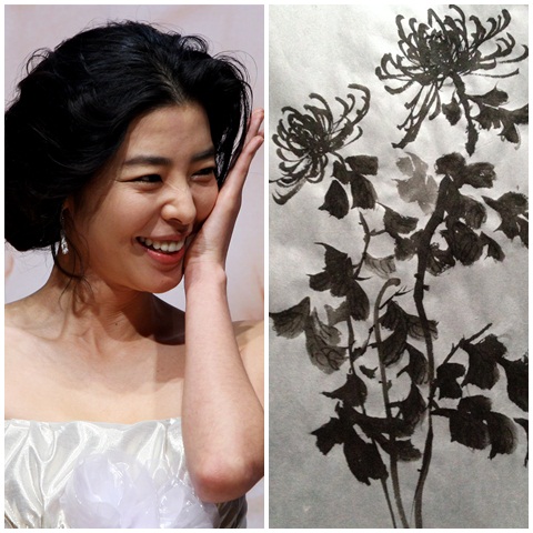 배우 김규리가 직접그려 팬에게 선물할 예정인 동양화(오른쪽) <출처=김민선 트위터>