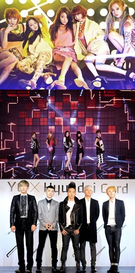 원더걸스(위부터), 에프엑스, 빅뱅
