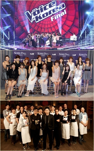 (위부터) 엠넷 '더 보이스 오브 코리아', tvN '슈퍼디바', 올'리브 '마스터셰프 코리아' <사진출처=CJ E&M, 스타뉴스>