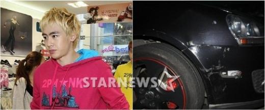 닉쿤(왼쪽)과 음주 사고 후의 차량 모습 ⓒ스타뉴스